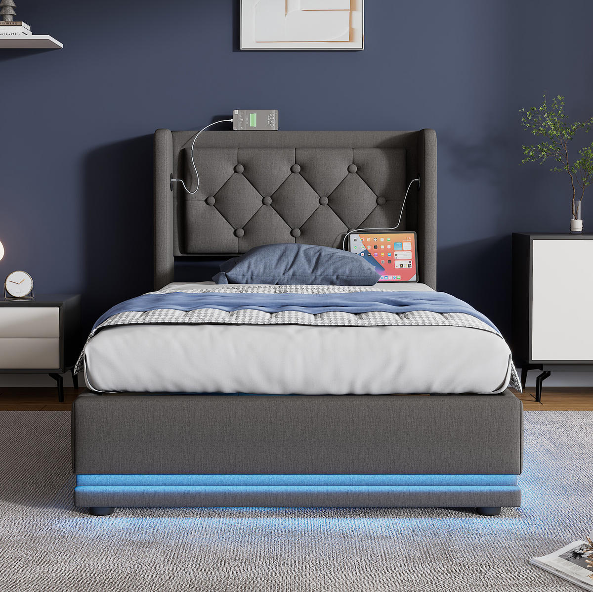 TAPECIRANI krevet od pamuka 90x200 cm sivi s USB i USB-C priključcima, LED rasvjetom i hidrauličkim spremištem - siva, tekstil (90/200cm) - Modfu