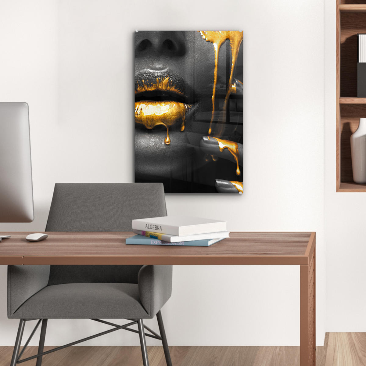 ACRYLGLASBILD Frau - Schwarz - Gold - Gesicht - Lippen 40x60 cm - Goldfarben, Glas (40/60cm) - MuchoWow