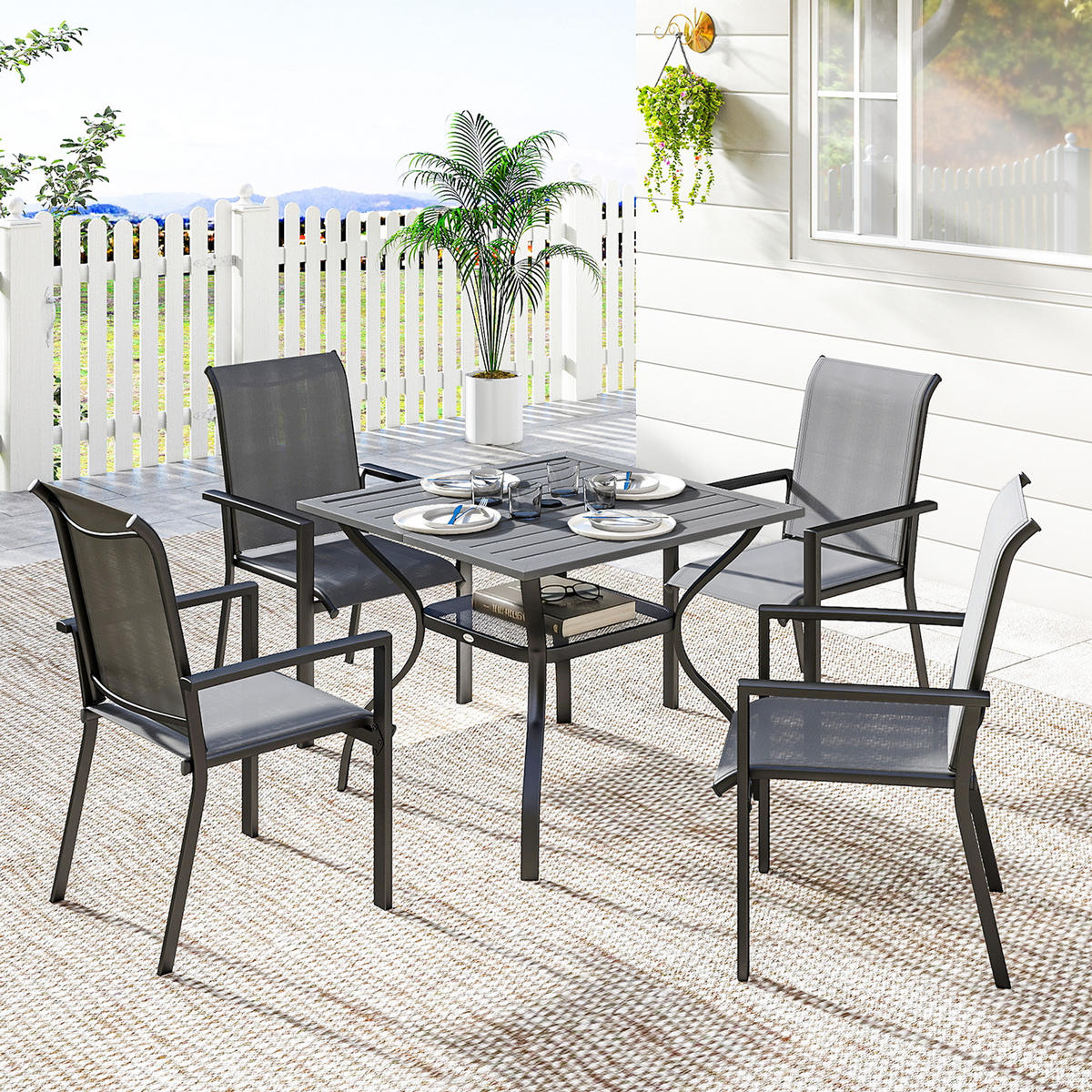 GARTENMÖBELSET 5-teilig,Stahltisch mit Mittelloch+4 stapelbare Stühle,grau - Grau, Metall - Vallsero
