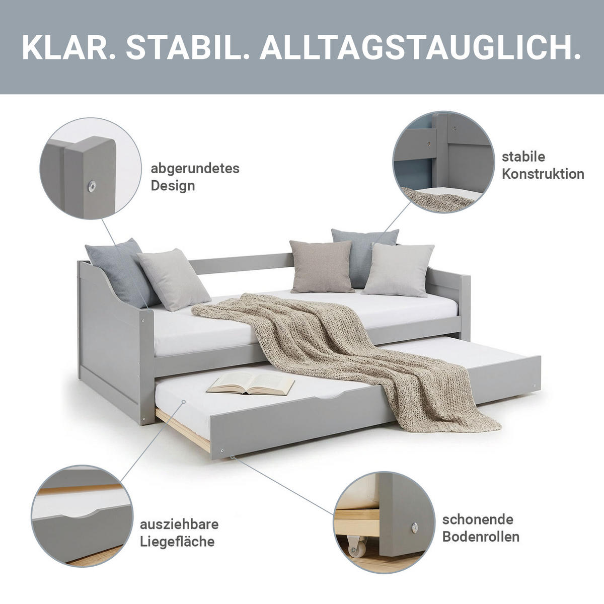 AUSZIEHBETT 90/200 cm Grau - Grau, Holz (90/200cm) - Homestyle4u