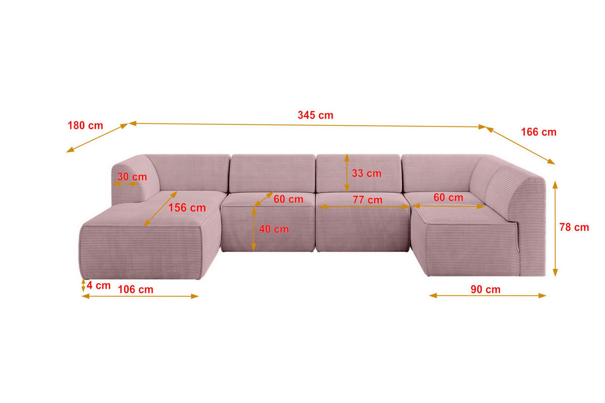 WOHNLANDSCHAFT Ottomane Links MOVA 345x180x78 Rosa Cord - Schwarz/Rosa, Holzwerkstoff/Kunststoff (180/78/345cm) - ALTDECOR