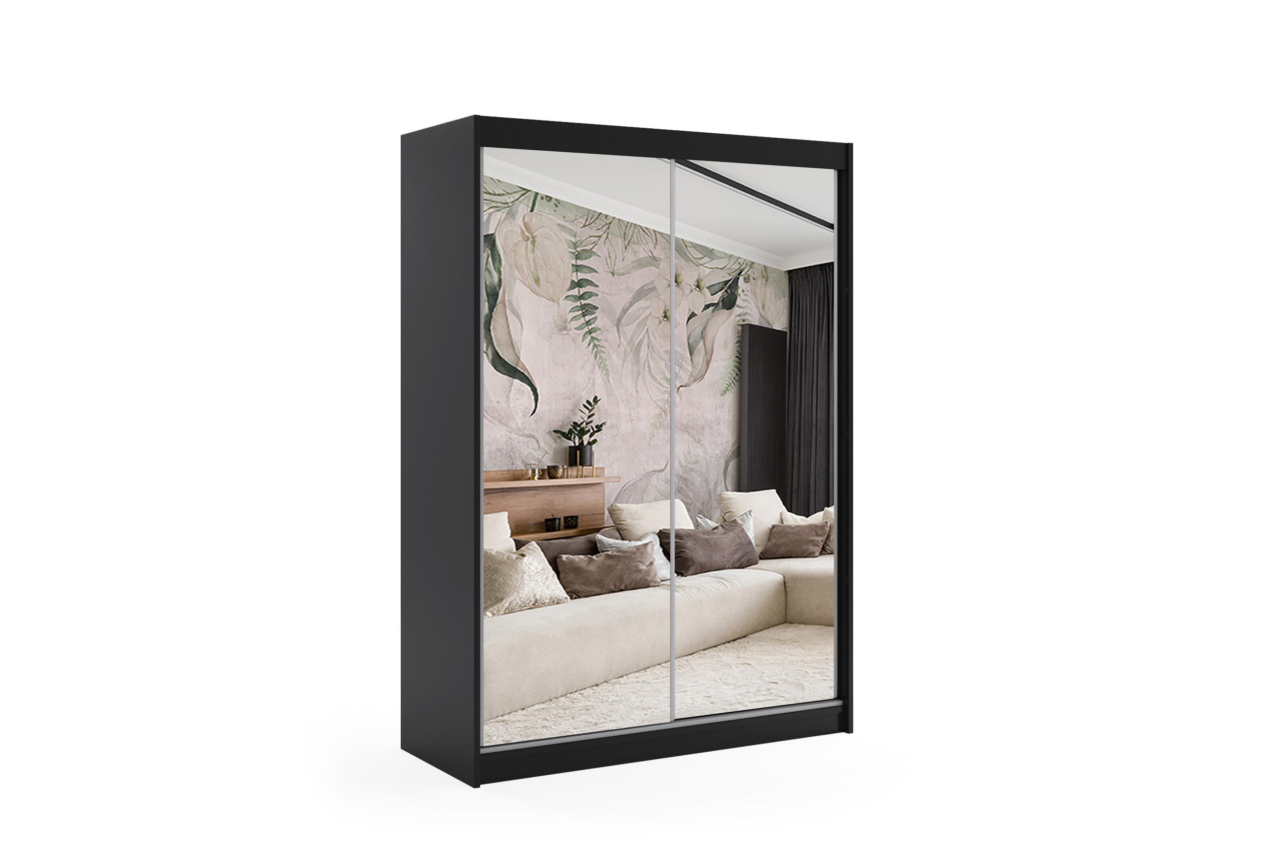 KLEIDERSCHRANK mit Spiegel-Schiebetüren und Aluminium-Leisten - DEBI - 160 cm Schwarz - Schwarz, Holzwerkstoff (160/216/61cm) - ALTDECOR