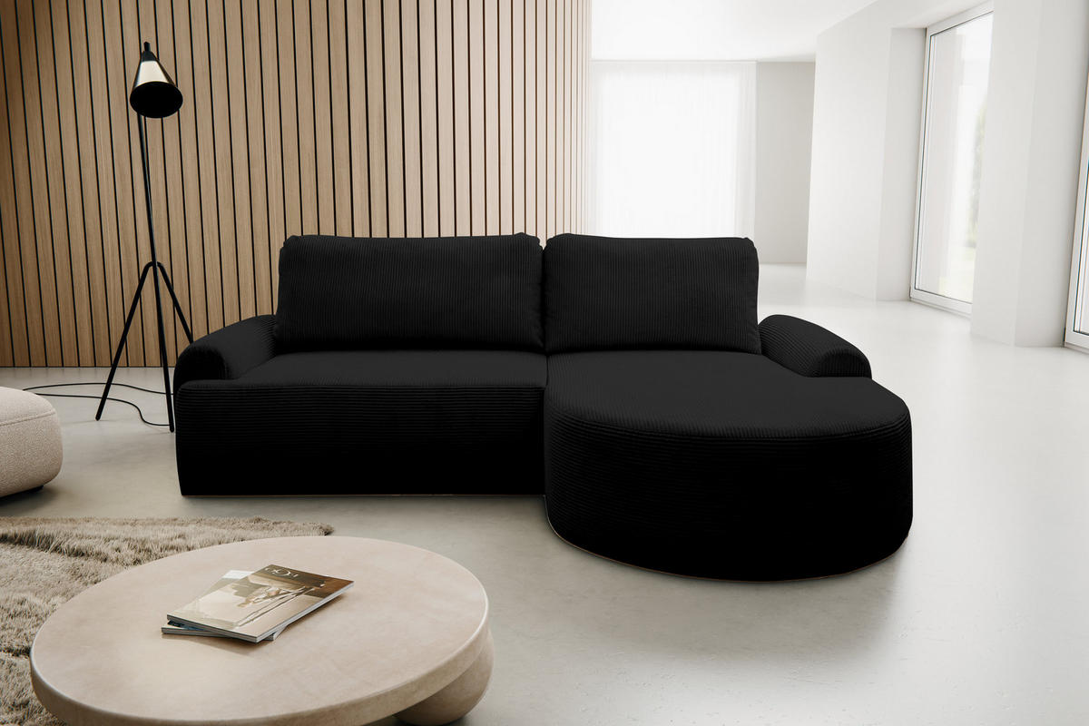 ECKSOFA Dream Cord in L-Form mit Schlaffunktion und Bettkasten, Farbe: Schwarz, Cordstoff, Ottomane Rechts - Schwarz, Textil (260/136cm) - VENASI MÖBEL