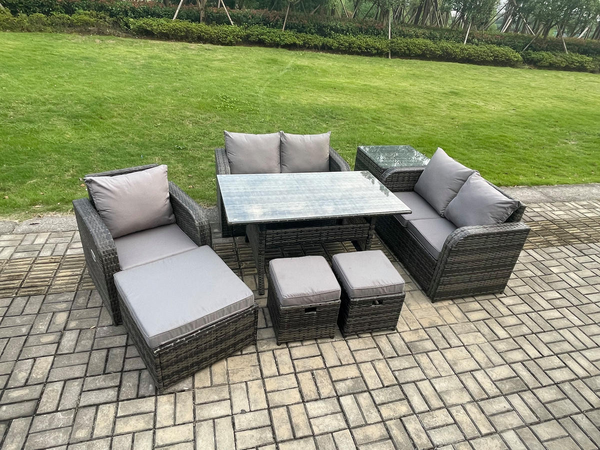 GARTENMÖBELSET mit Esstisch,Hockern,Beistelltisch Polyrattan Dunkelgrau 8-Sitzer - Dunkelgrau/Grau, Glas/Kunststoff - Fimous
