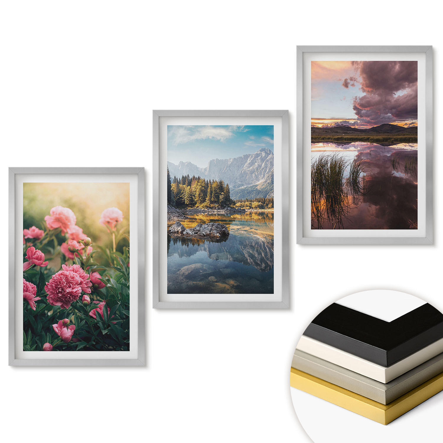 WANDBILDER 3er Set - 40x60 cm Silberner Rahmen - Blumengarten Berge Wasser - Silberfarben, Kunststoff (40/60cm) - ArtPrintCave