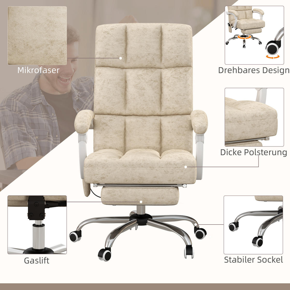 BÜROSTUHL mit Vibrationsmassage Ergonomischer Schreibtischstuhl mit Wärmfunktion - Beige, Kunststoff (74/118/64cm) - Vinsetto