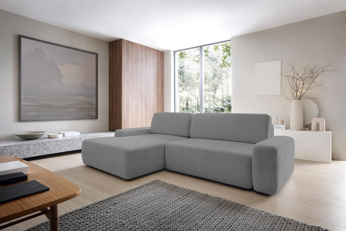 ECKSOFA BOULI 4-Sitzer Polstersofa Raven mit Schlaffunktion 130x210cm Bettzeugablage 264x162x82cm linksseitig Farbe: grau - Grau, Holz/Textil (162/264cm) - DomoHome