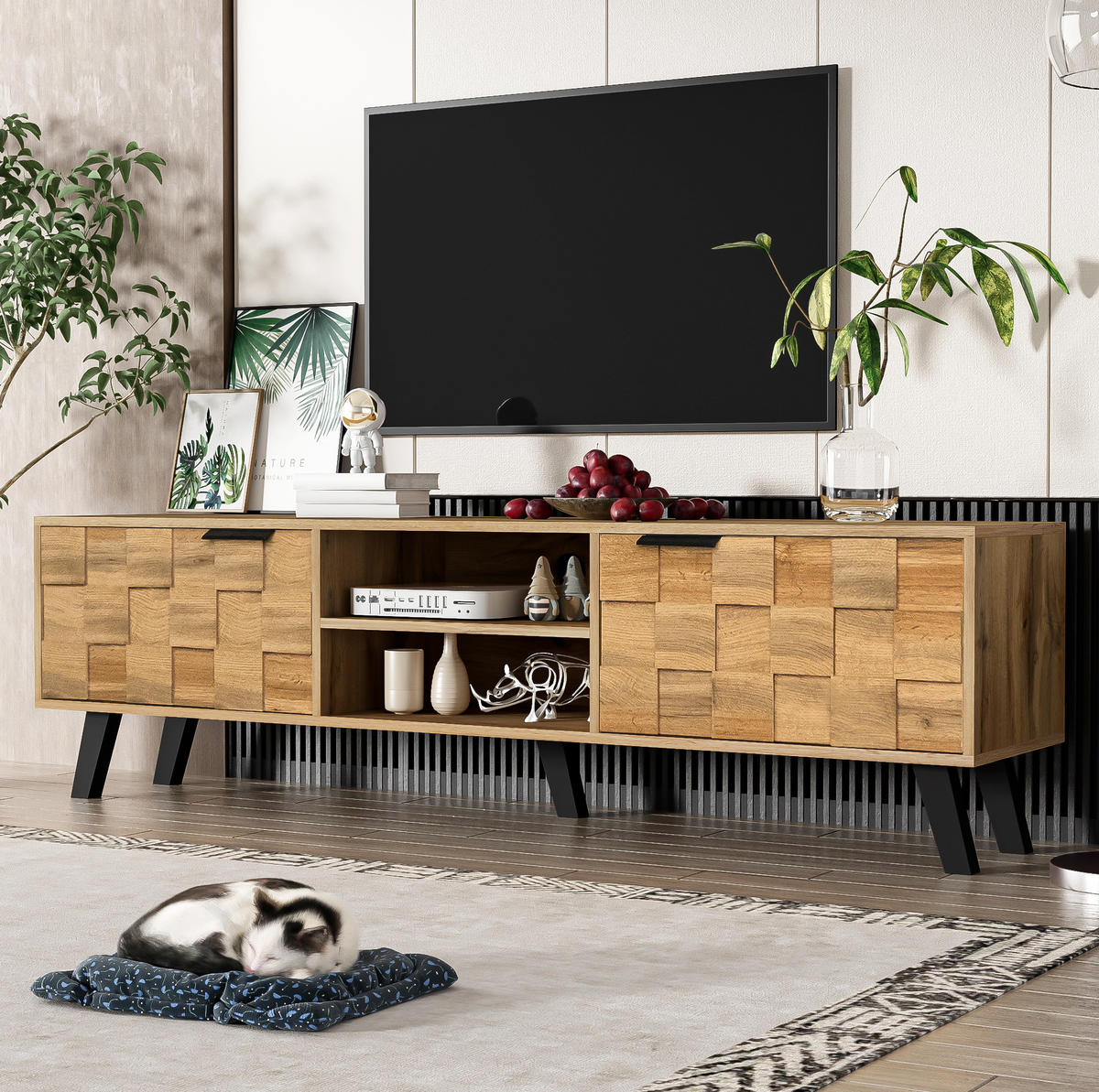 LOWBOARD 160,5/35,5/45 cm aus Spanplatte mit 2 Türen und 2 offenen Fächern Holzfarbe - Naturfarben, Holzwerkstoff (160.5/45/35.5cm) - Modenvie