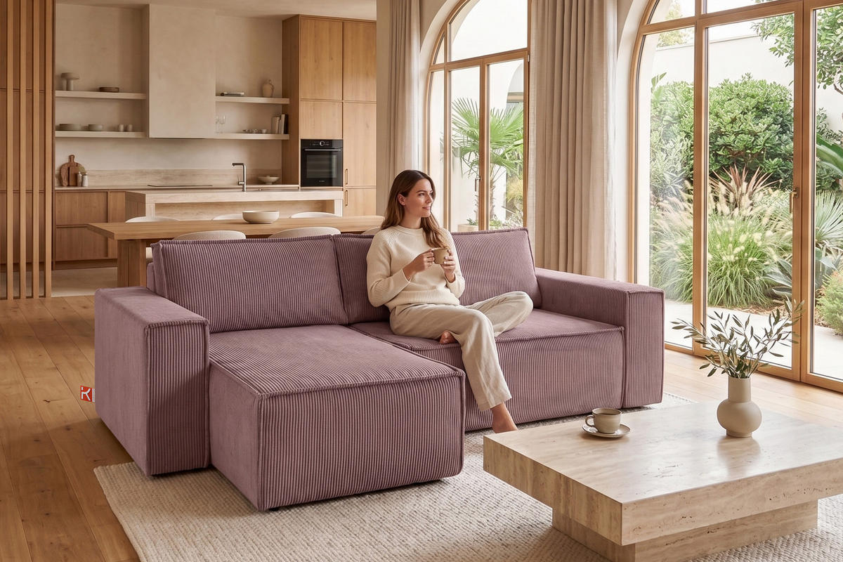ECKSOFA-LINKS/RECHTS NAPI Schlaffunktion mit Cordbezug, lila - Violett/Schwarz, Textil (262/148cm) - KONSIMO®
