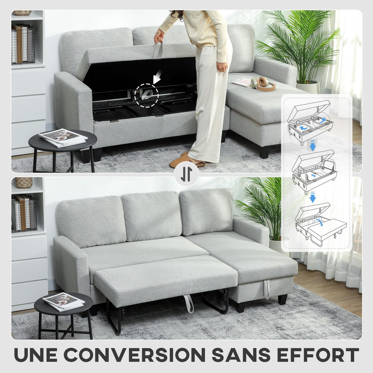 ECKSCHLAFSOFA DE-14616 mit Bettfunktion und Stauraum Hellgrau - Hellgrau, Textil (129/197cm) - ComfortXL