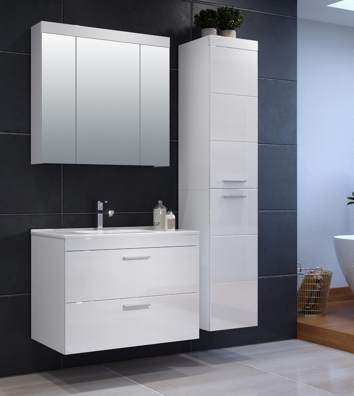 HOCHSCHRANK weiß Hochglanz 35 x 170 cm, Badschrank hängend - Weiß Hochglanz/Silberfarben, Holzwerkstoff/Kunststoff (35/170/33cm) - Top.Furn