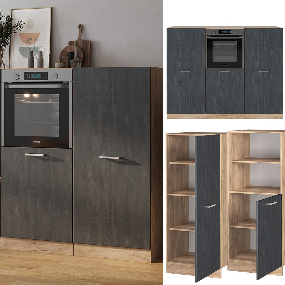 KÜCHENBLOCK R-Line Schwarz Beton/Goldkraft Eiche 180 cm ohne AP - Honigeiche/Schwarz, Holzwerkstoff (180/81.6/46cm) - Vicco