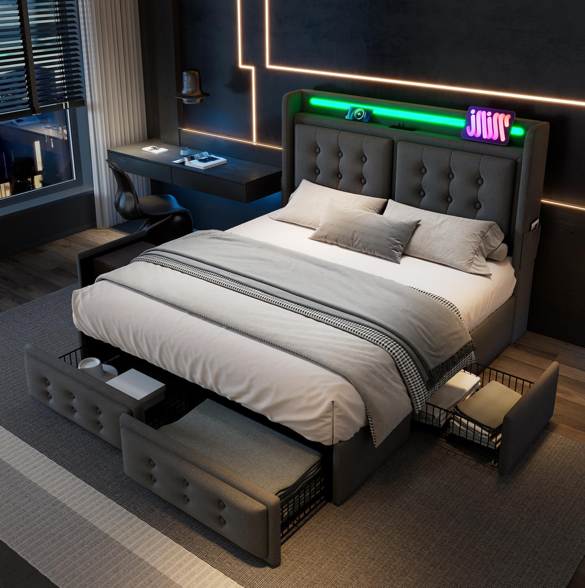 ČALOUNĚNÁ postel 180/200 cm, šedá, s LED osvětlením, USB-C nabíjením a úložným prostorem - šedá, textil (180/200cm) - BEAOK
