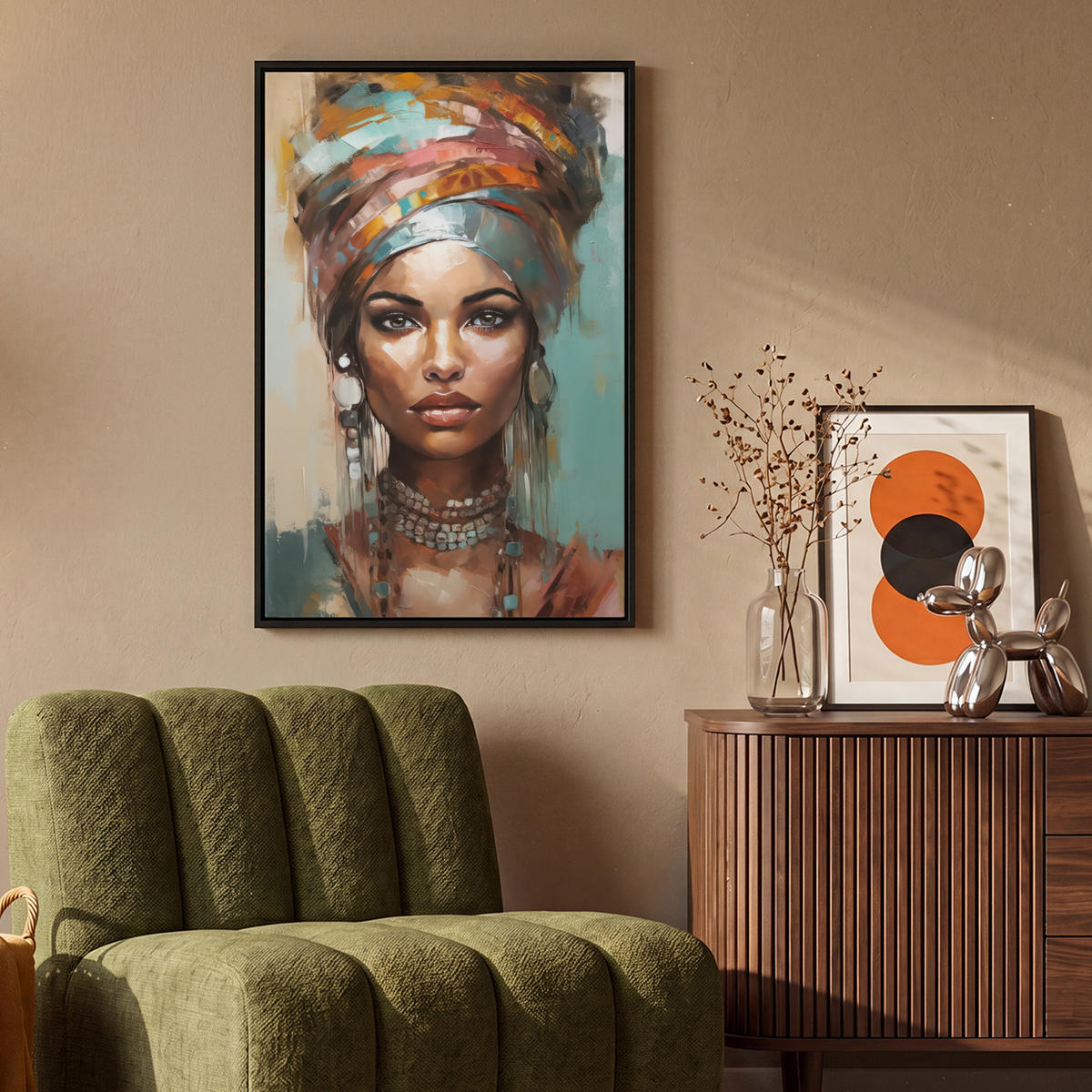 LEINWAND Bilder mit Rahmen - Frau - Kunst - Schmuck - Porträt - 60x90 - Blaugrau, Textil (60/90cm) - MuchoWow