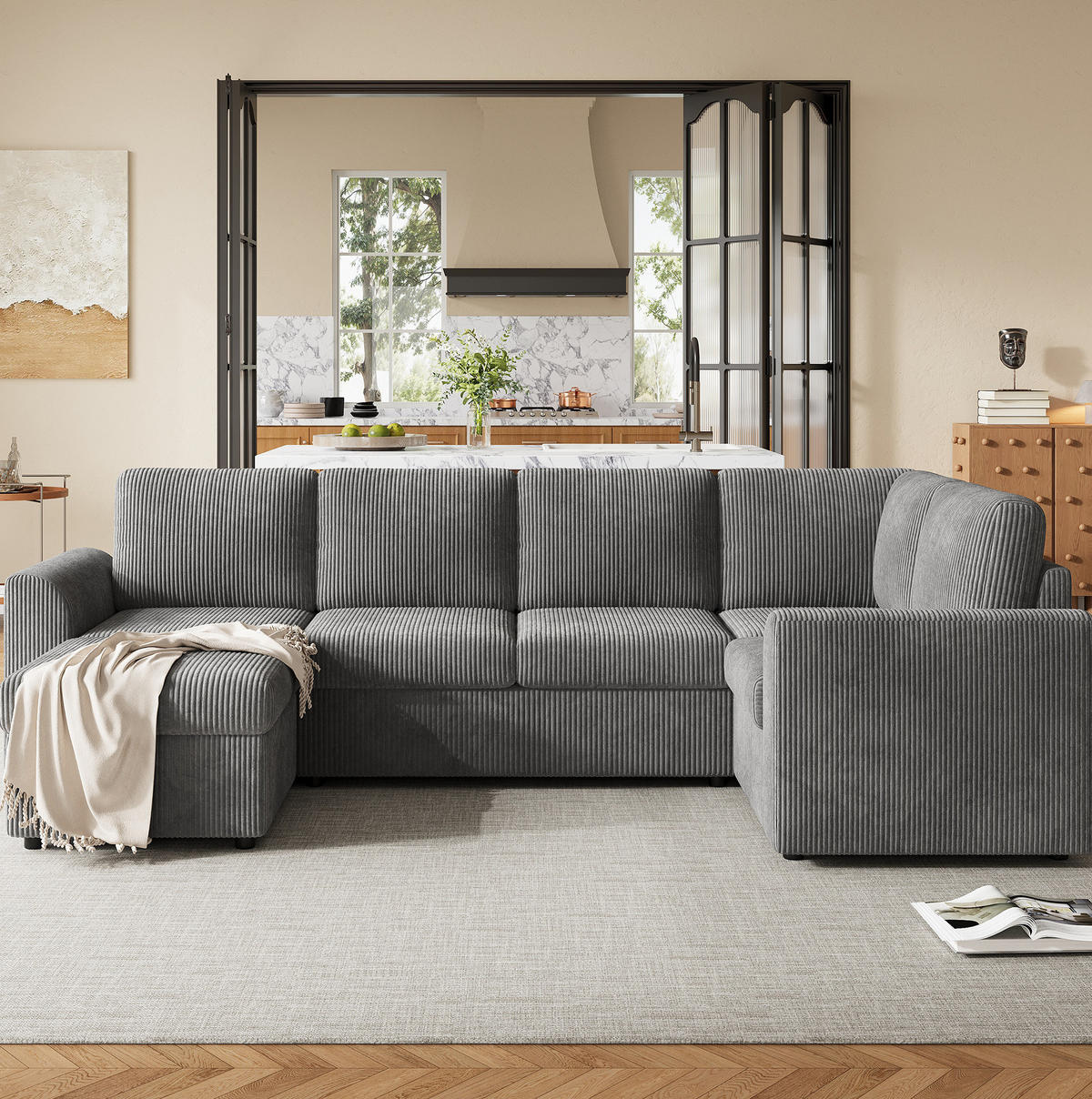 ECKSOFA 282/153/85 cm grau aus Cord mit Schlaffunktion und Hocker - Grau, Textil (153/282cm) - OKWISH