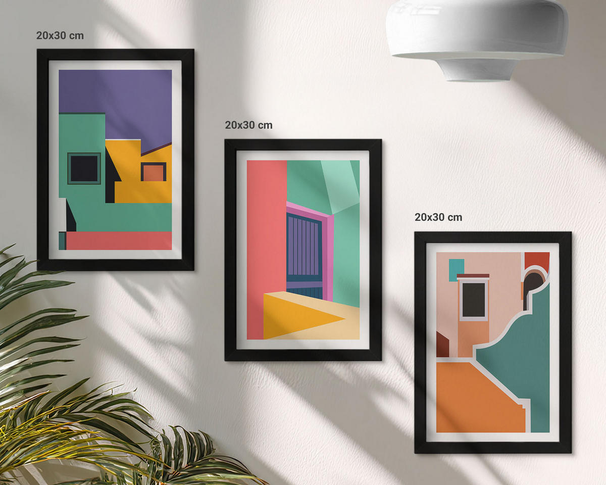 BILDER SET 3er Set - 20x30 cm Schwarzer Rahmen - Farbenfrohe Illustrationen der Stadt - Schwarz, Kunststoff (20/30cm) - TULUP