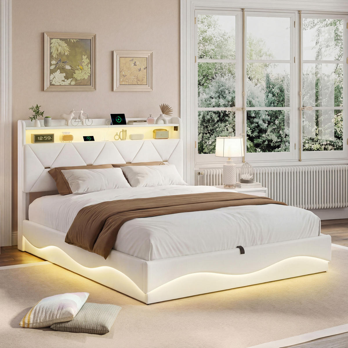 POLSTERBETT 140x200 cm mit Bettkasten, hydraulischer Stauraum, LED, USB & Type-C, Kopfteil mit Ablage und Lattenrost, Beige - Beige, Metall (140/200cm) - EuroLiving