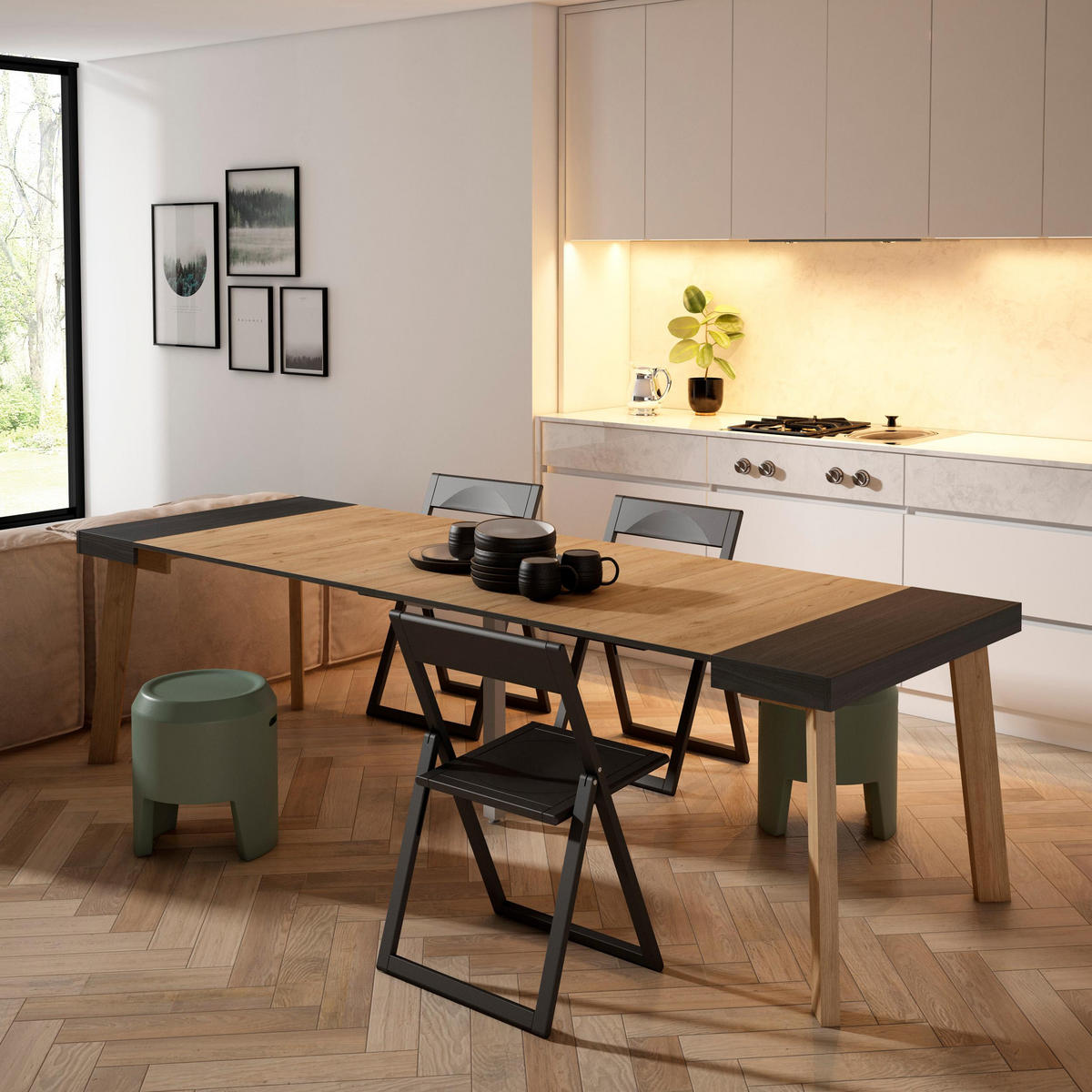 KONSOLENTISCH ausziehbar 58 bis 262cm, für 12 Gäste, schwarz eiche, 90/58/73cm - Eichefarben/Schwarz, Holzwerkstoff (90/262/73cm) - Skraut Home