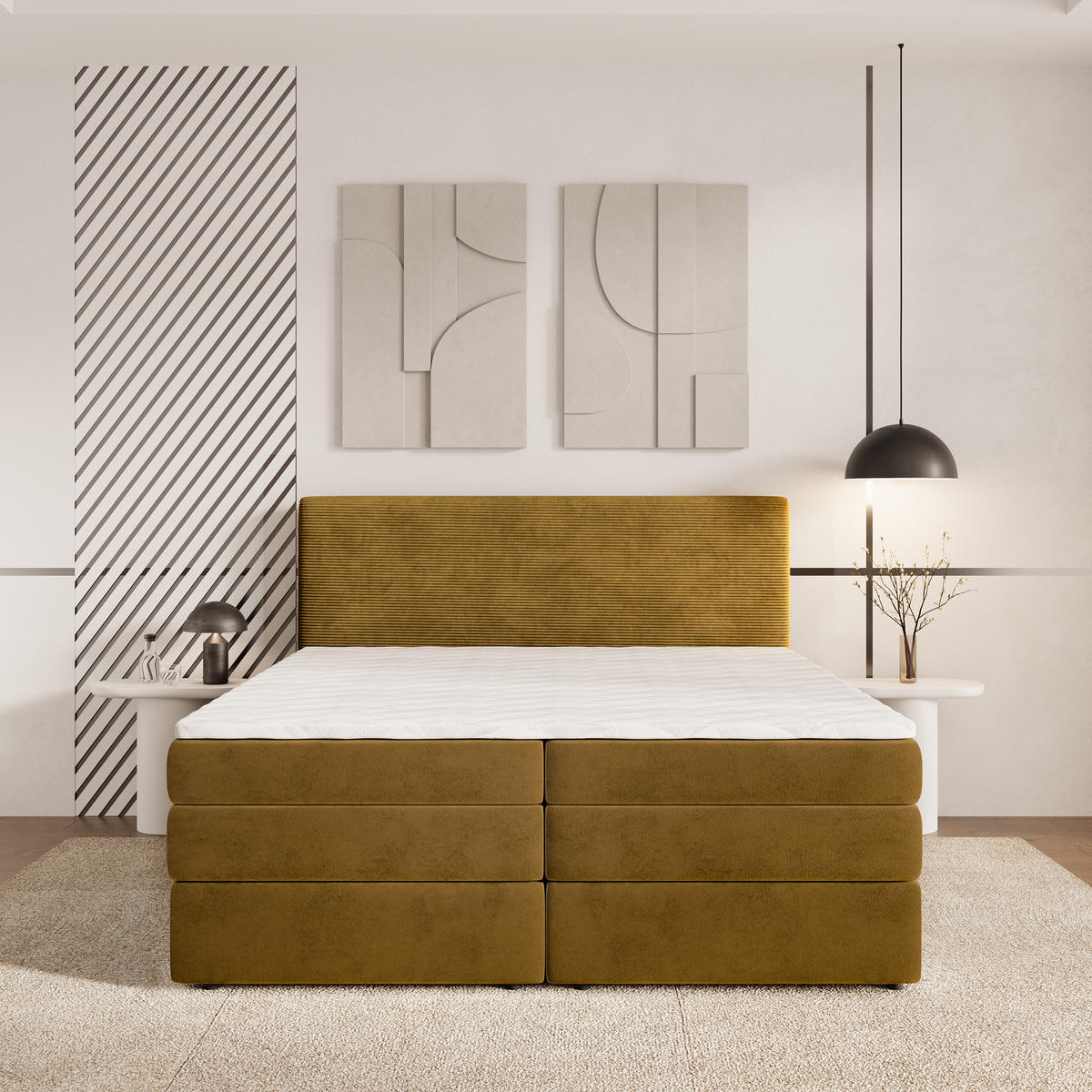 BOXSPRINGBETT MATERN 140x200 cm mit Matratze und Topper - Gelb - Gelb, Holz (140/200cm) - MASSENO