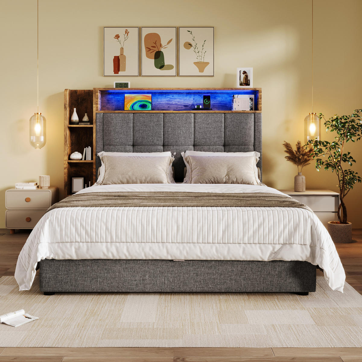 POLSTERBETT mit Stauraum, USB und LED 90x200 cm Leinen Grau - Grau, Metall (90/200cm) - Meubliv