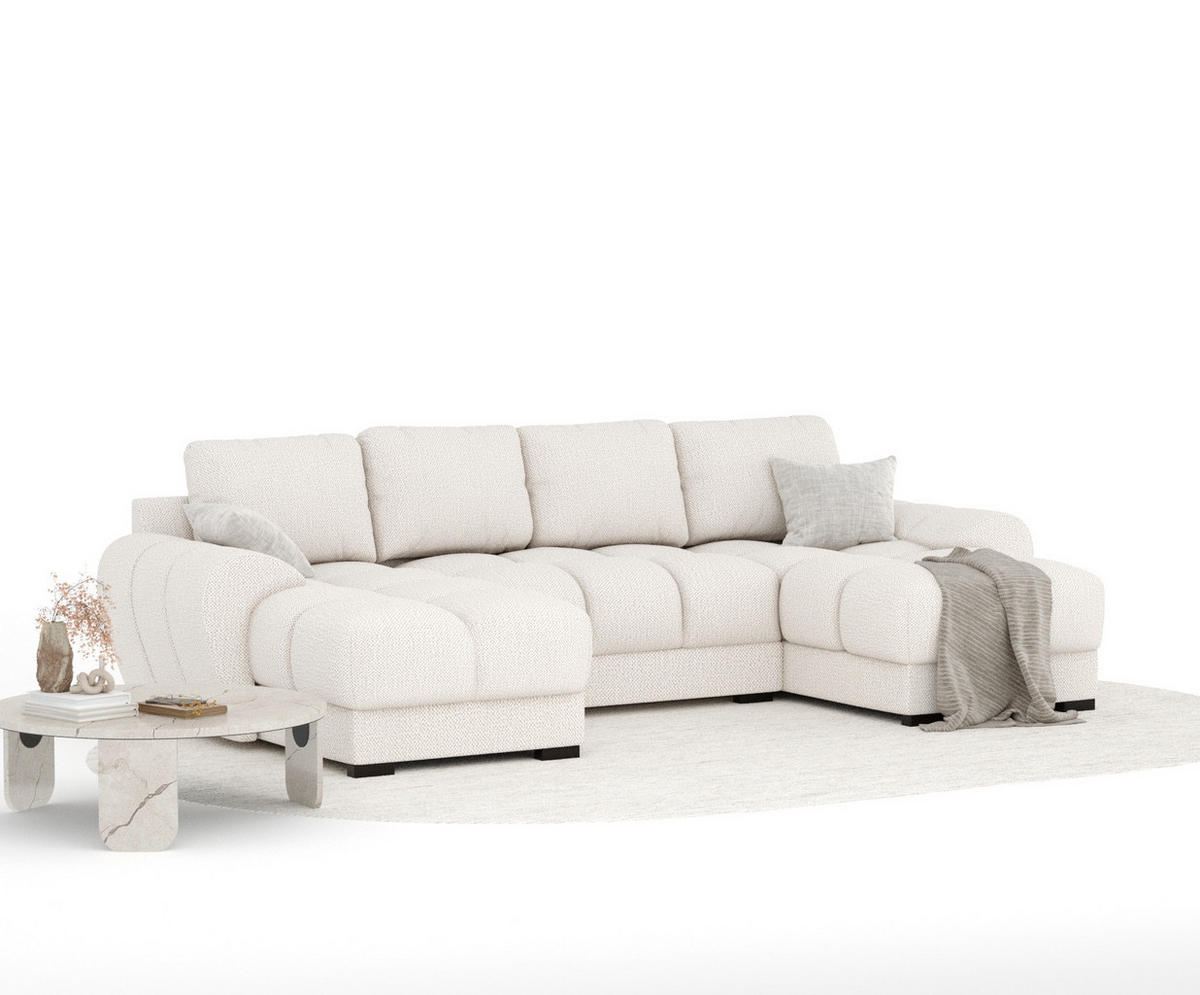 WOHNLANDSCHAFT Peebles Creme Chenille-Stoff - Creme/Schwarz, Holz/Holzwerkstoff (330/90/175cm) - Maison de Reve