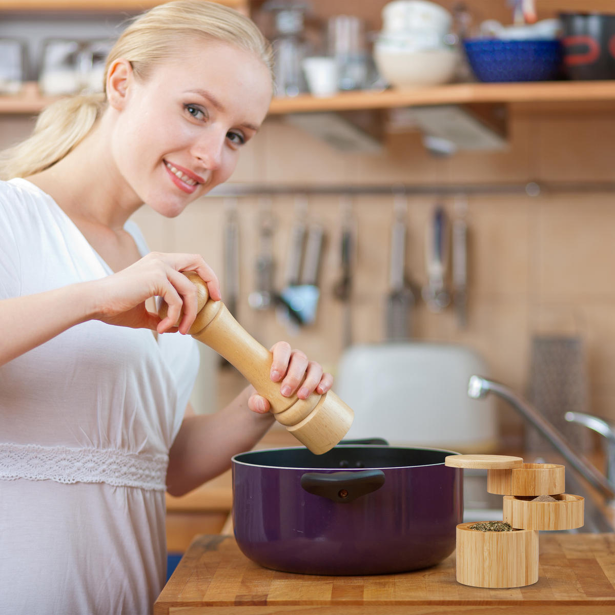 SALZBEHÄLTER - Hellbraun, Holz (9/13/9cm) - Relaxdays