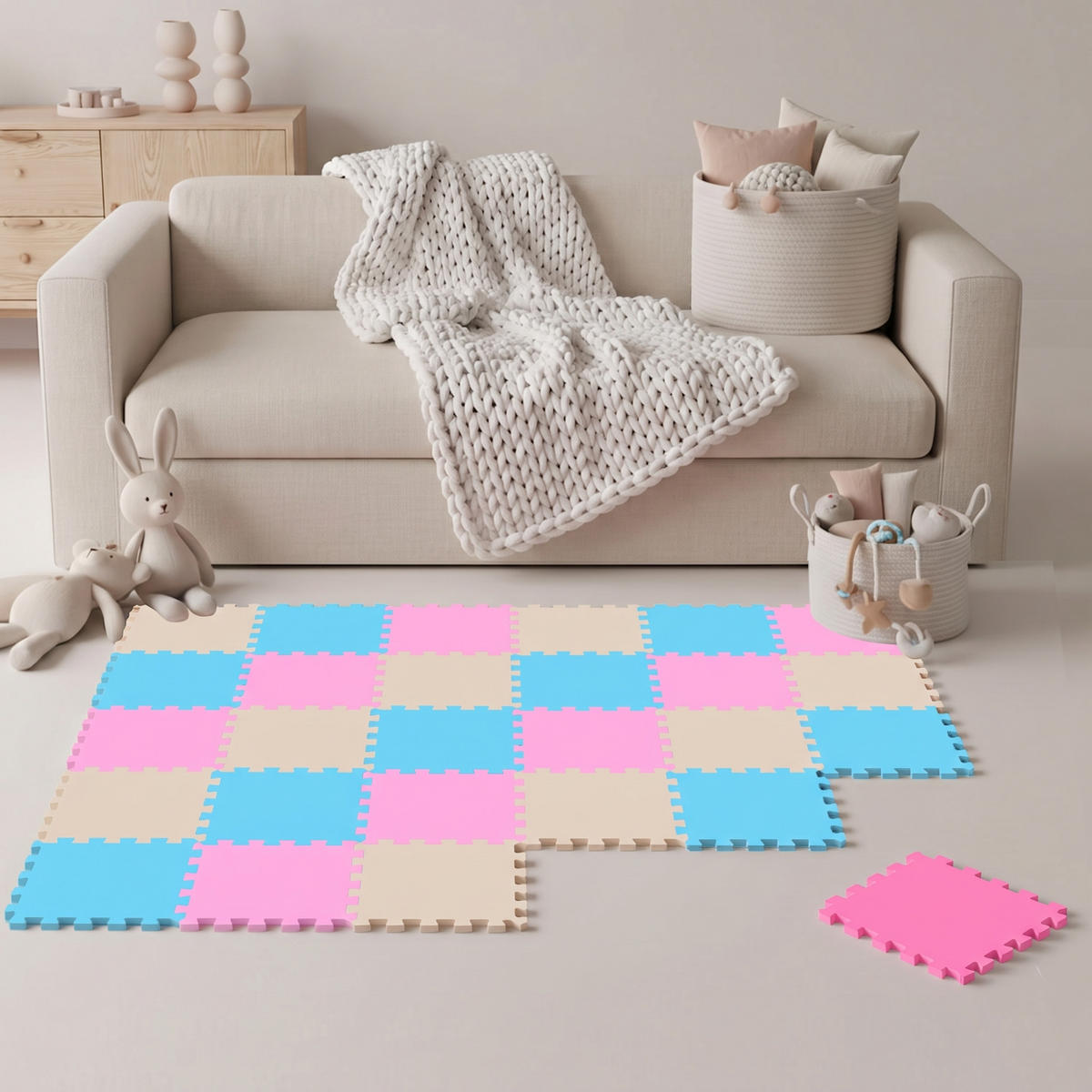 SPIELMATTE ab Null 270/90 cm Puzzlematte Hellblau - Pink, Kunststoff (30/30cm) - Littletom