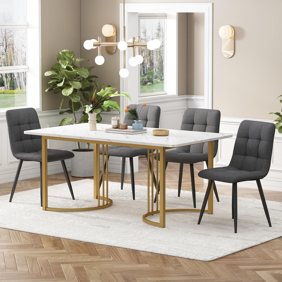 ESSGRUPPE Esstisch 4 Stühle MDF Weiß Grau 140x80cm - Weiß, Holzwerkstoff (140/75/80cm) - FLIEKS