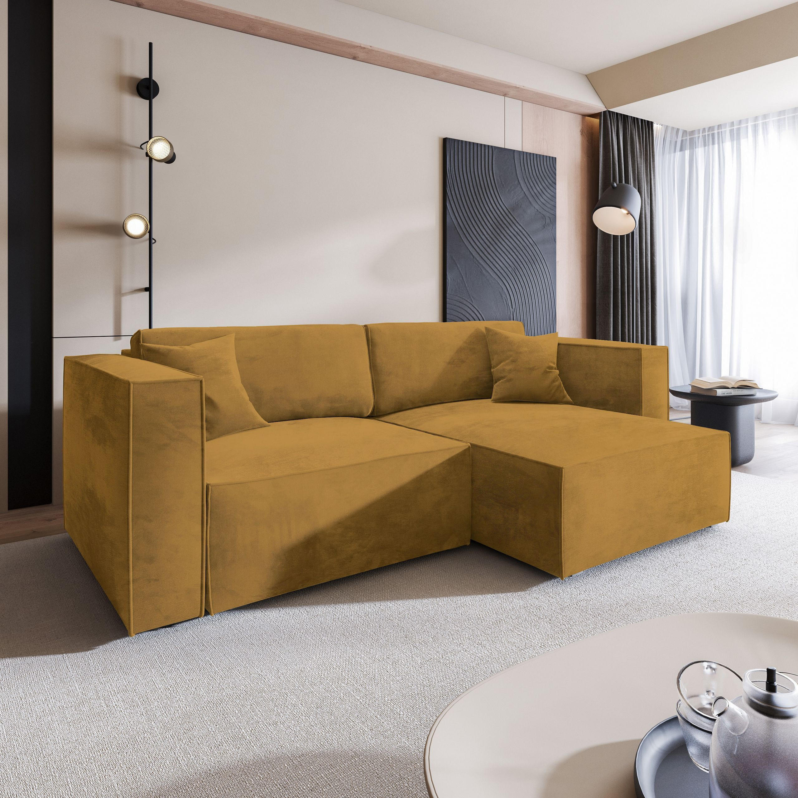 ECKSOFA NERIO M Gelb Velours-Stoff mit Schlaffunktion - Gelb, Holz (245/148cm) - MASSENO