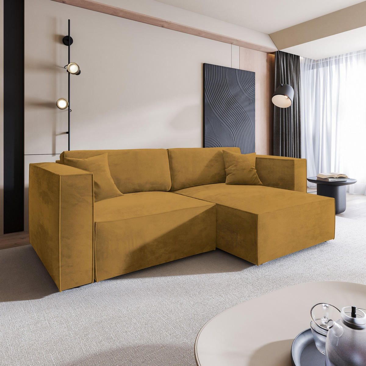 ECKSOFA NERIO M Gelb Velours-Stoff mit Schlaffunktion - Gelb, Holz (245/148cm) - MASSENO