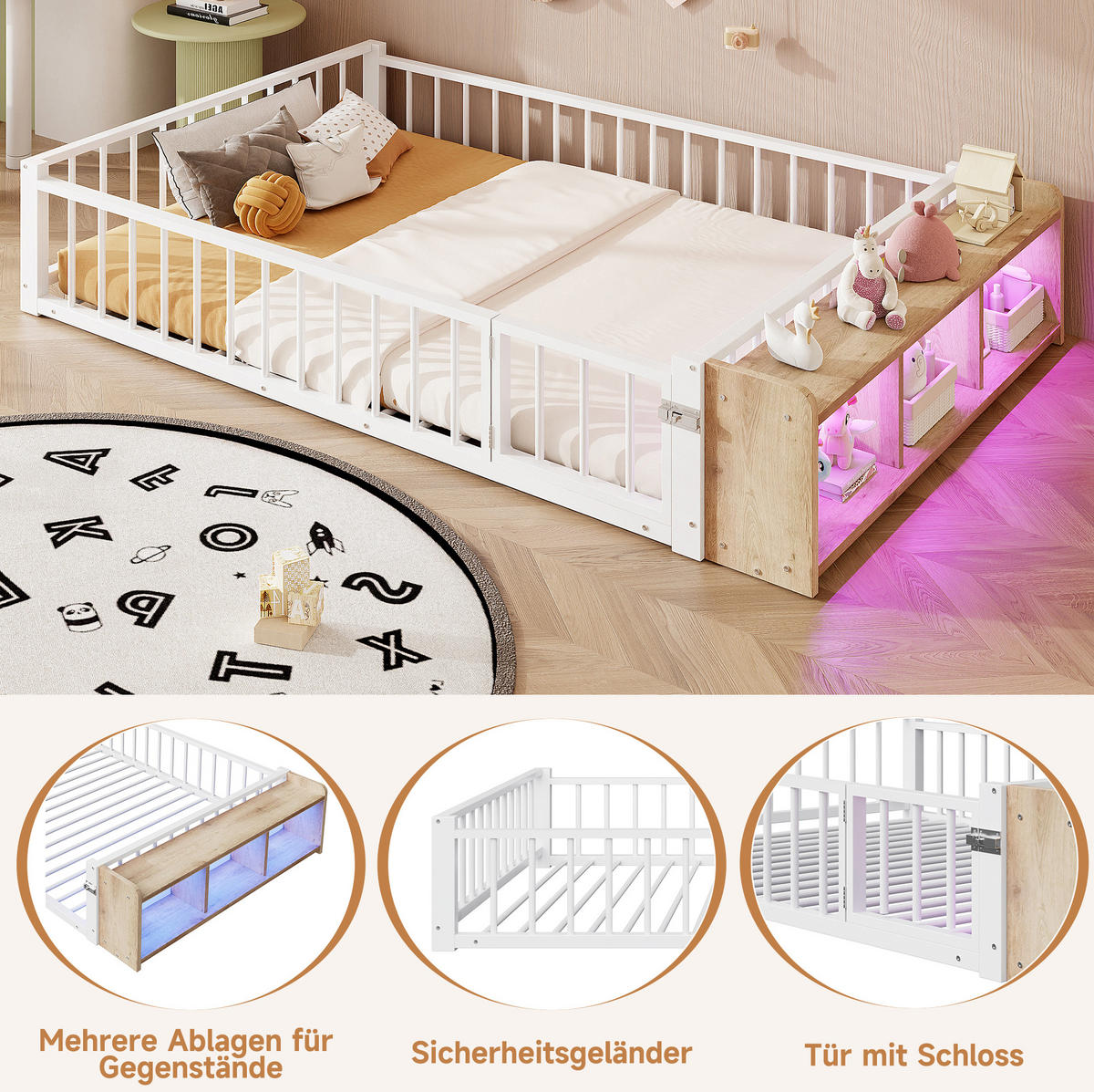 KINDERBETT 140/200 cm, Weiß mit Schutzgeländer und Stauraum - Weiß, Metall (140/200cm) - MIVRAY