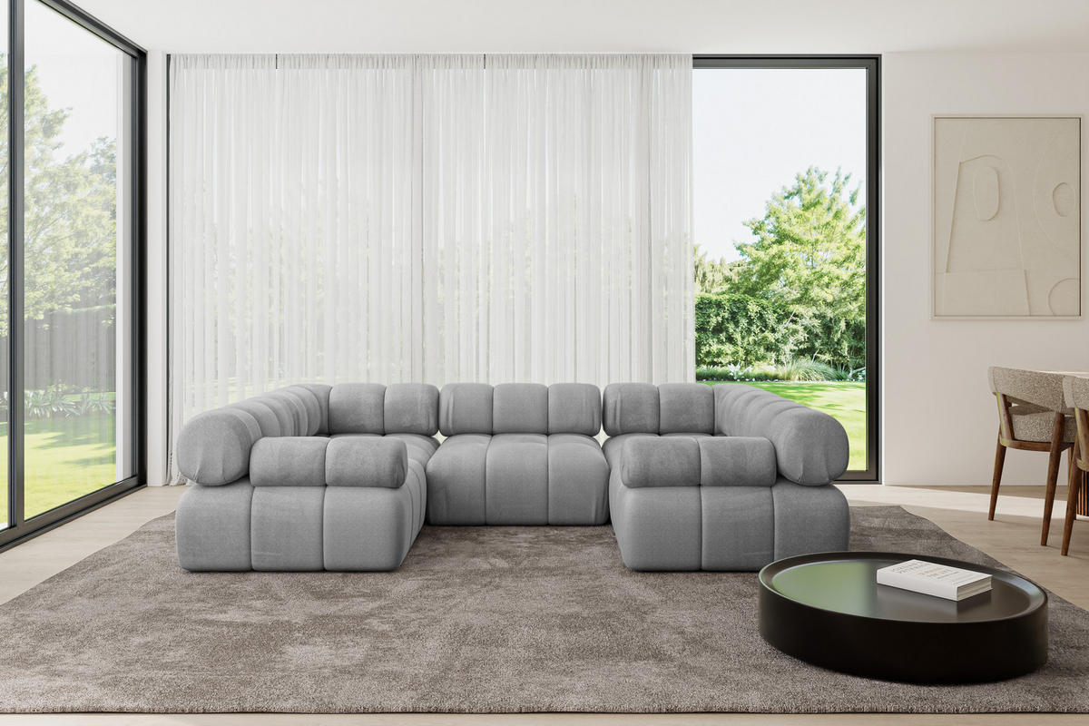 WOHNLANDSCHAFT modulares Sofa Birno-U1 - 285x190x70 cm Hellgrau Velours - Hellgrau, Holzwerkstoff/Textil (285/70/190cm) - ALTDECOR