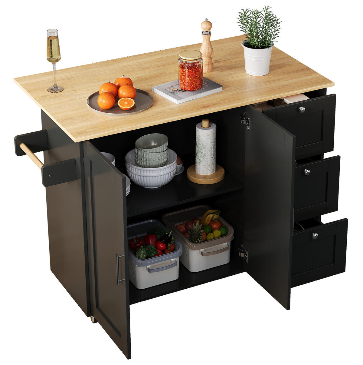 KÜCHENWAGEN 135/44(70)/90 cm in Schwarz/Natur mit Klappplatte und 3 Schubladen - Schwarz, Holzwerkstoff (135/90/44cm) - Flora Grace