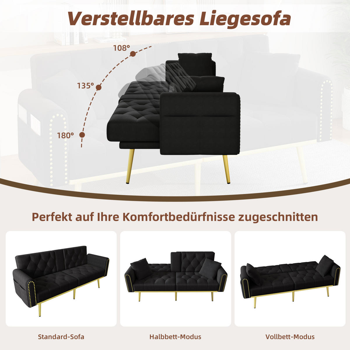 SCHLAFSOFA 175/89 cm Liegefläche in Schwarz – mit 3-fach verstellbarer Rückenlehne - Schwarz, Textil (73.5/175/80cm) - BEAOK