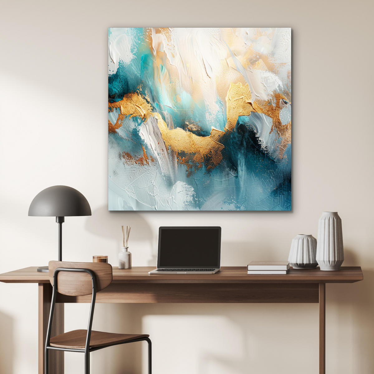 KOVOVÝ OBRAZ Abstraktné - umenie - zlaté - modré 90x90 cm - petrolejová, kov (90/90cm) - MuchoWow
