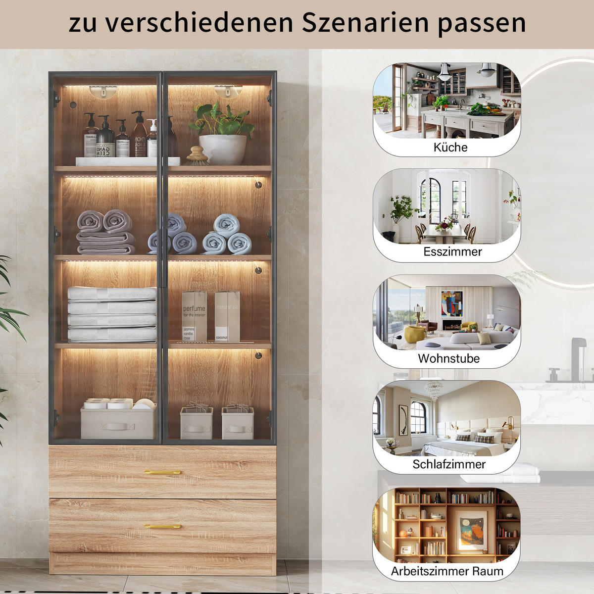 VITRINE 75x34.5x170 cm Braun mit gehärtetem Glas & offenen Fächern - Braun, Holzwerkstoff (75/170/34.5cm) - Modfu