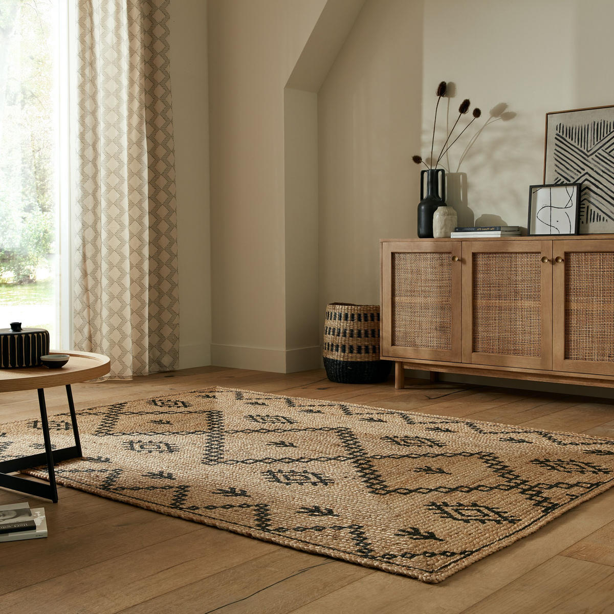 TEPPICH Jute Geometrisch-Design, öko NEATH PAUL, Braun-Schwarz 120x170 cm - Braun, Naturmaterialien (120/170cm) - KADIMA DESIGN