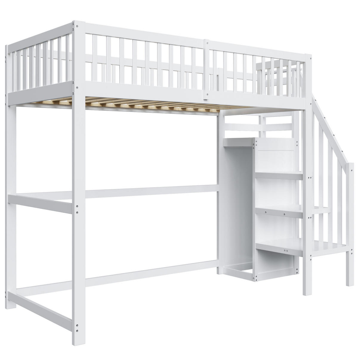 HOCHBETT 90/200 cm Weiß aus Holz mit Treppe, Regal und Kleiderschrank - Weiß, Holz (90/200cm) - Flora Grace