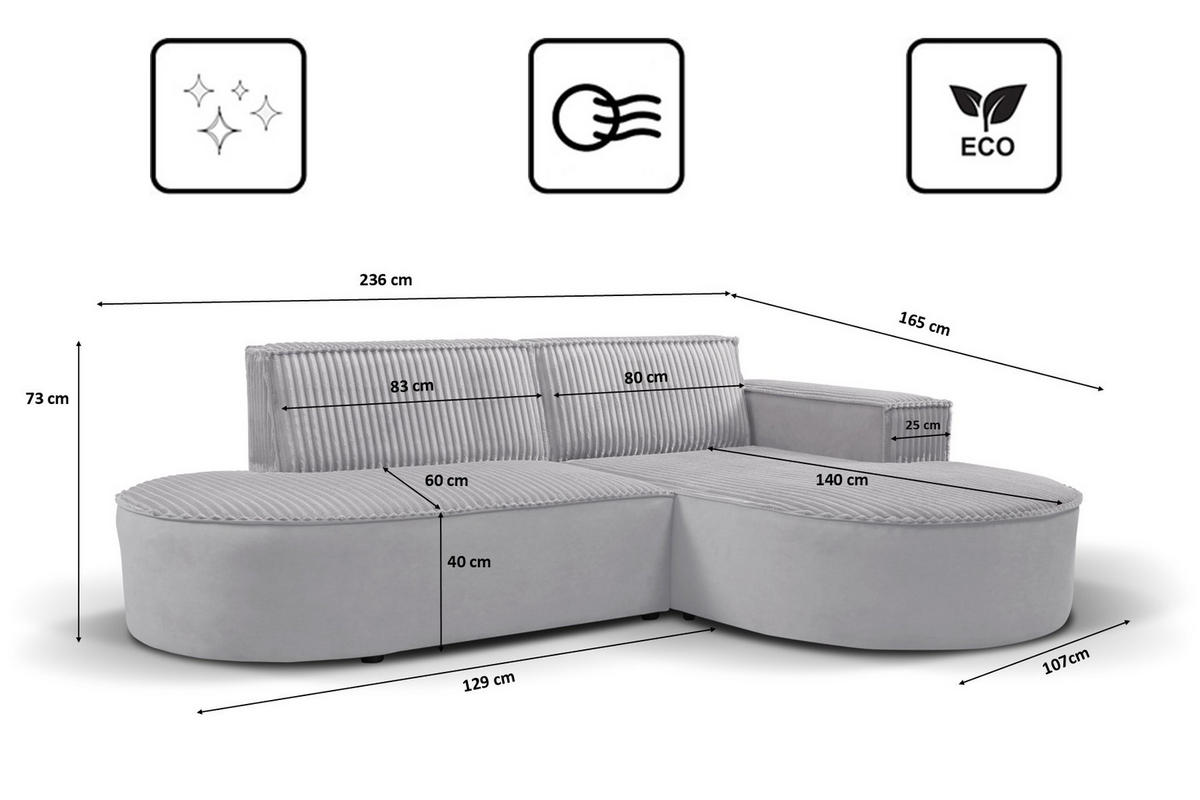 ECKSOFA L-förmiges Modena Soft Hellgrau Rechts - Hellgrau, Holz (236/165cm) - Kaiser Möbel