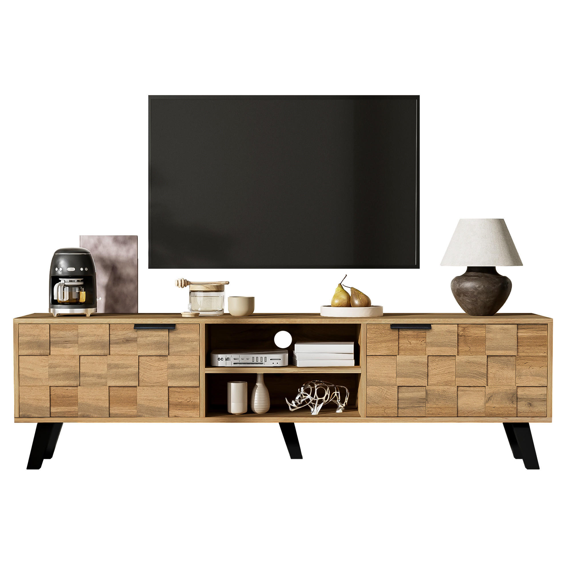 LOWBOARD 160.5/35.5/45 cm in Holzfarbe aus Spanplatte mit 2 Türen und 2 offenen Fächern - Naturfarben, Holzwerkstoff (35.5/45/160.5cm) - OKMYHOME