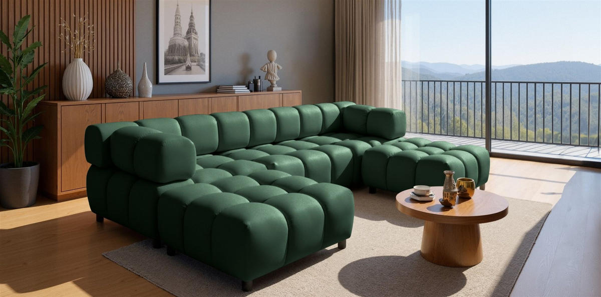 SOFA 3-sitzer Und 2-polsterhocker Flow - Grün, Holzwerkstoff/Textil (288/71/96cm) - Fun Möbel