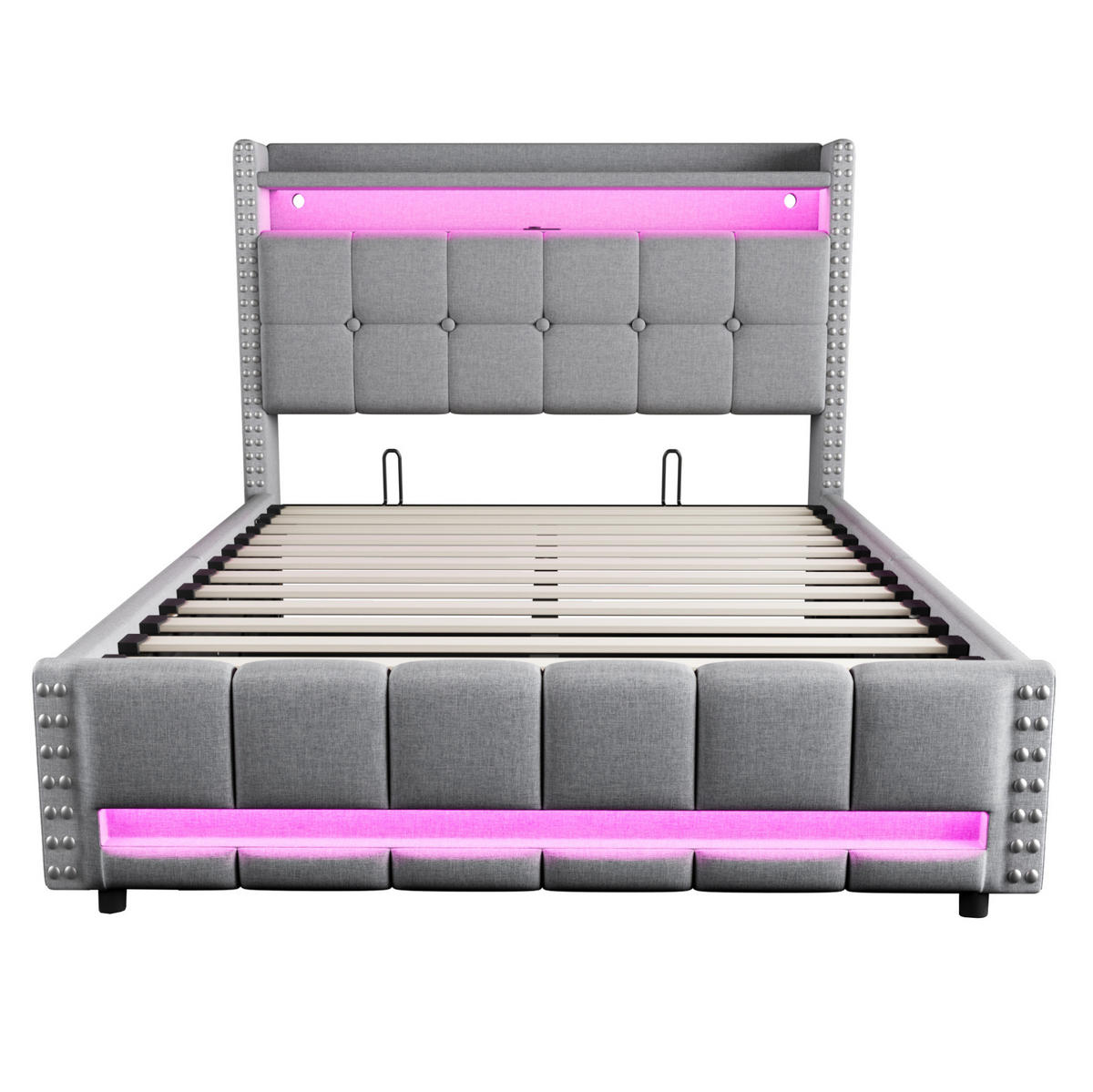 POLSTERBETT mit Stauraum und LED 140x200 cm Leinenstoff Hellgrau - Hellgrau, Metall (140/200cm) - Meubliv