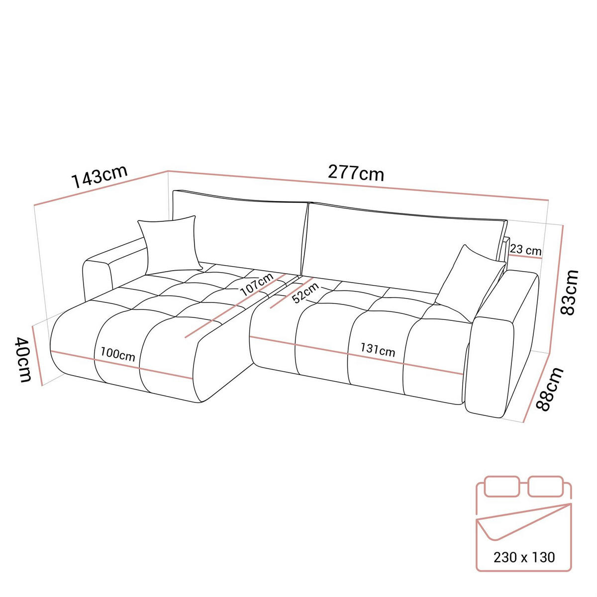 ECKSOFA Gepolstertes CLOUD mit Schlaffunktion und Bettkasten, Wind 05 - Naturfarben, Textil (277/143cm) - Lookway