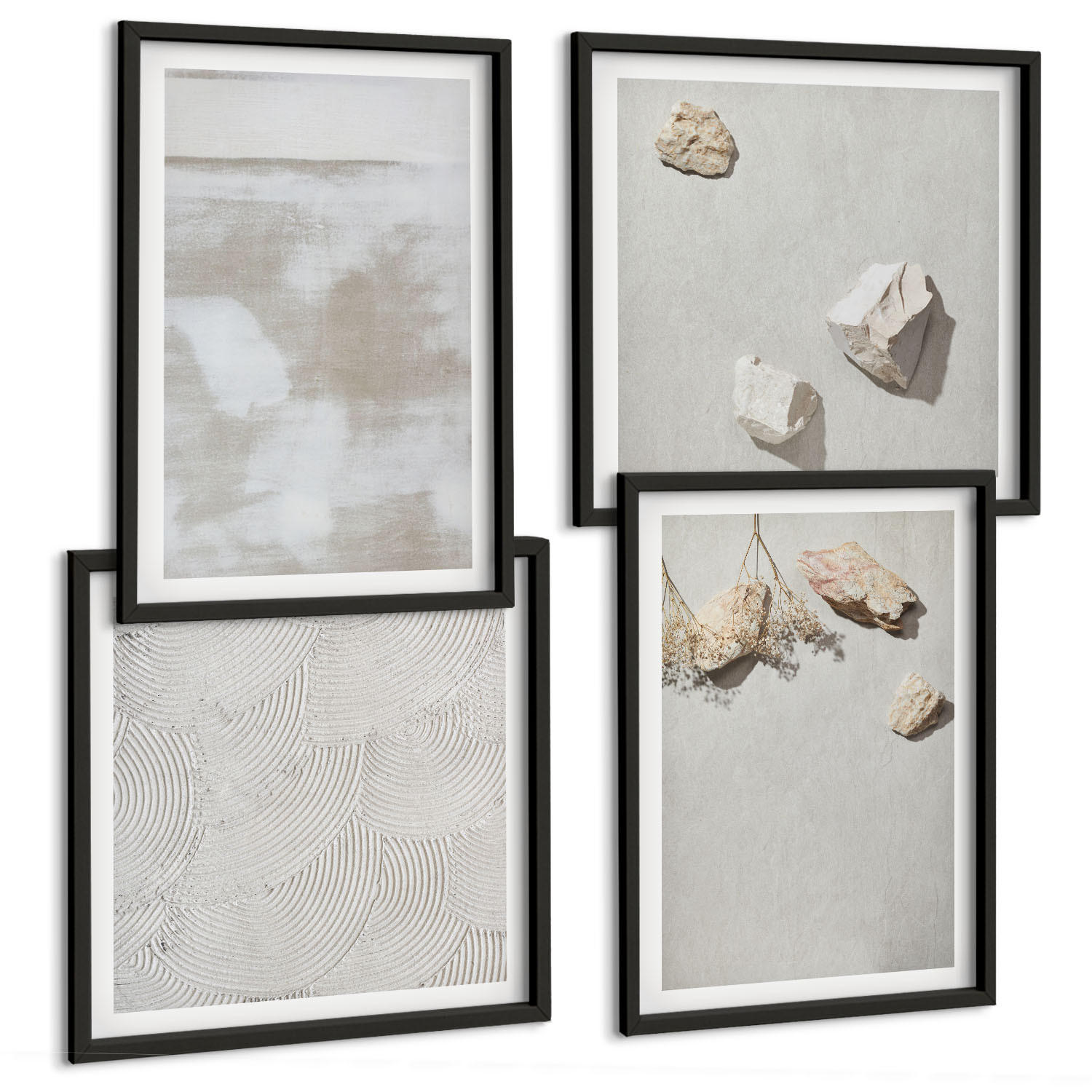 BILDER SET 4er Set - 50x50 cm & 40x60 cm Schwarzer Rahmen - Boho-Textur aus Sandsteinen - Schwarz, Kunststoff (50/50cm) - TULUP