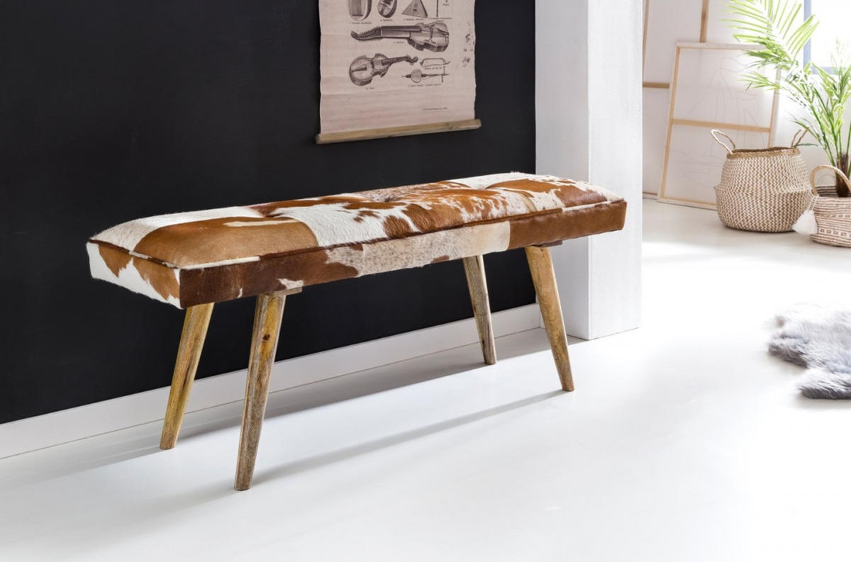 SITZBANK – Ziegenfell/Leder, Landhausstil, Mango Holz, 220 kg Belastbarkeit - Braun, Mangoholz/Leder (120/52/40cm) - KADIMA DESIGN