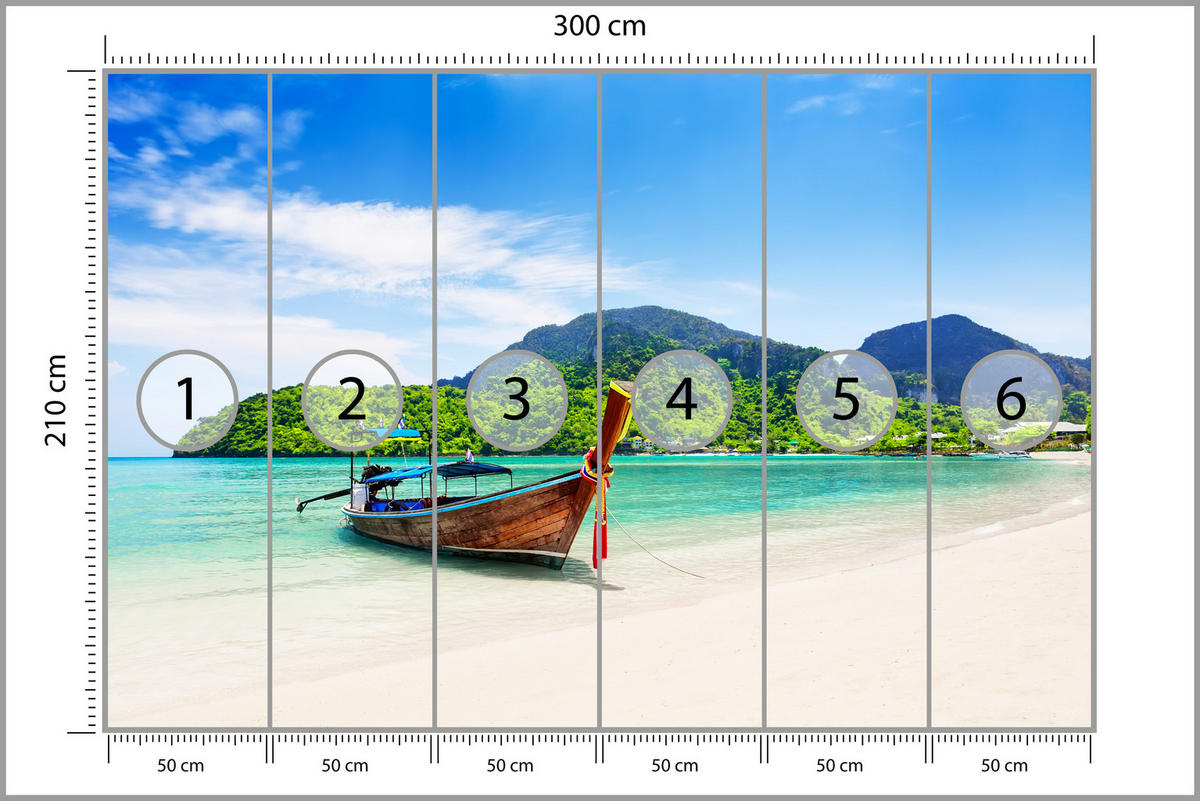 FOTOTAPETE für Schlafzimmer Boot Tropenstrand Palmen Meer 300x210 - Türkis/Blau, Papier (300/210cm) - Muralo