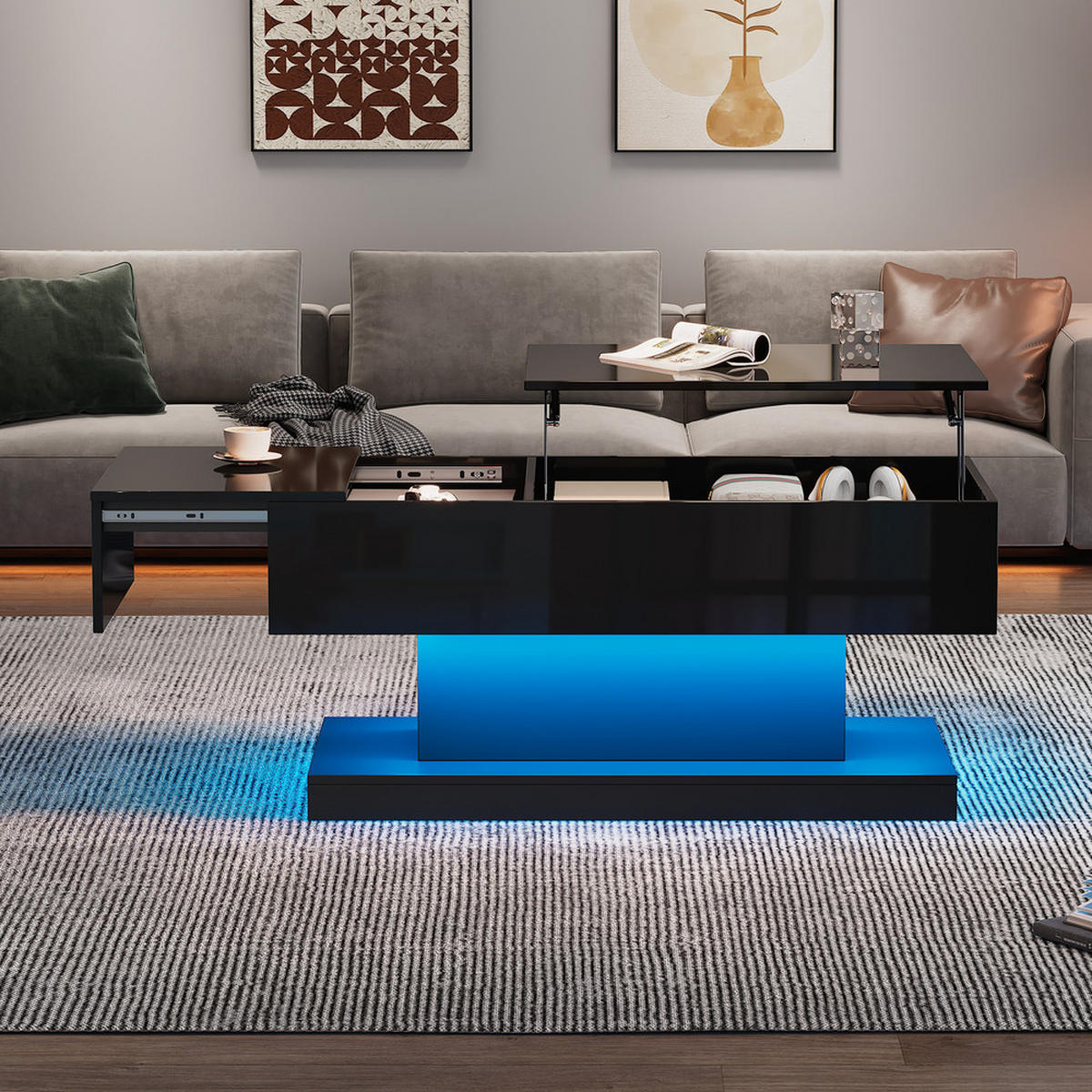 COUCHTISCH 100x50cm Schwarz Hochglanz LED Hydraulik Lift Verschiebbar - Schwarz, Holz (109.75/59.66/14.5cm) - FLIEKS