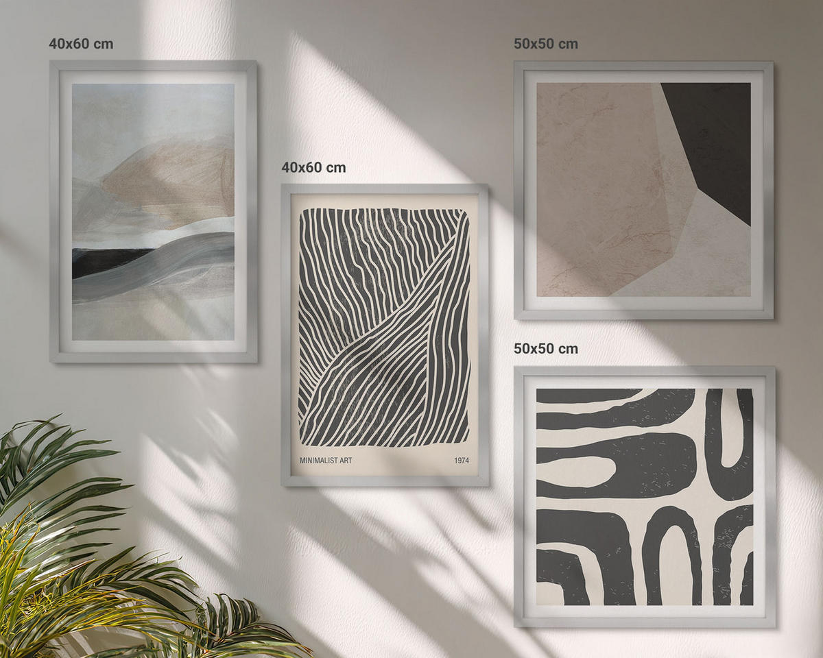 BILDER SET 4er Set - 50x50 cm & 40x60 cm Silberner Rahmen - Abstrakte Boho-Dekorationsmuster - Silberfarben, Kunststoff (50/50cm) - TULUP