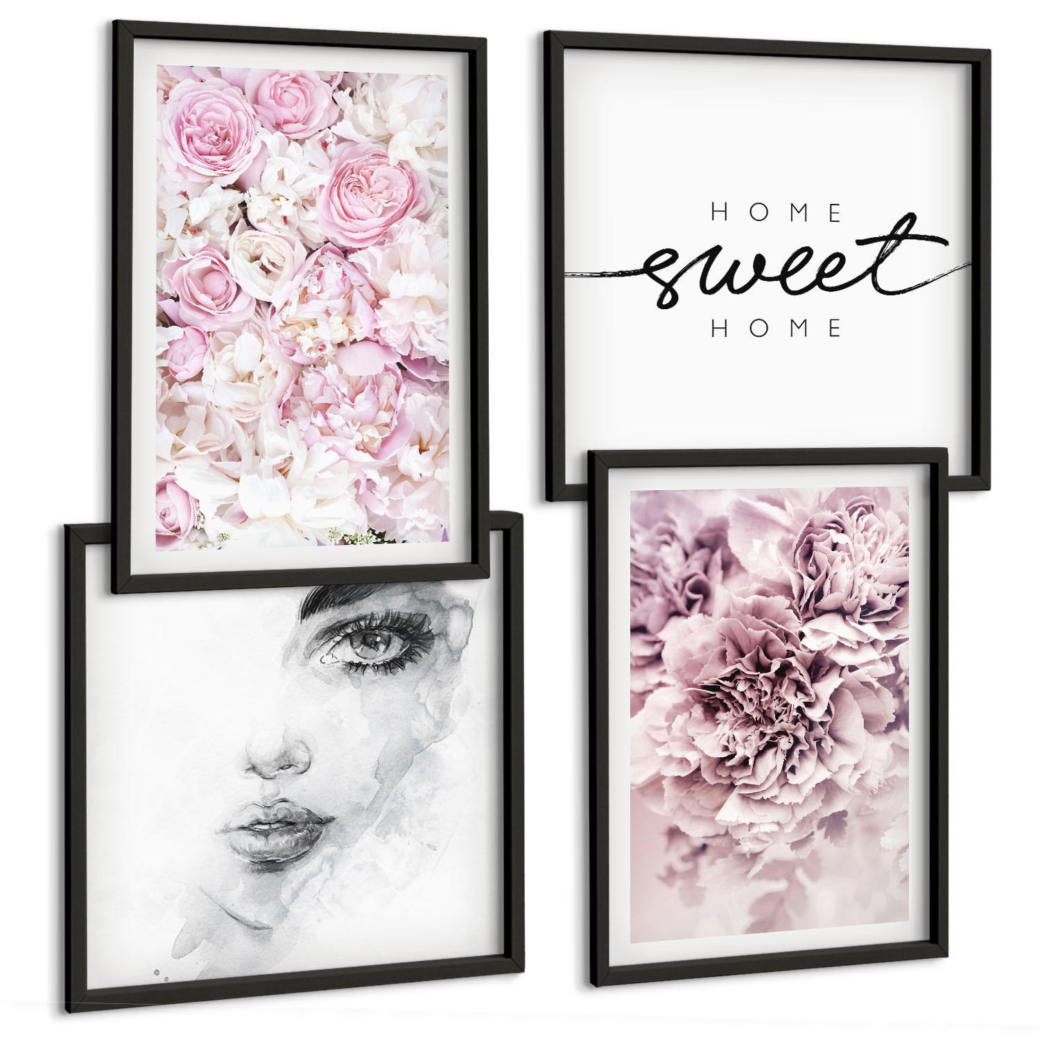 BILDER SET 4er Set - 50x50 cm & 40x60 cm Schwarzer Rahmen - Pfingstrosenporträt einer Frau für Zuhause - Schwarz, Kunststoff (50/50cm) - TULUP