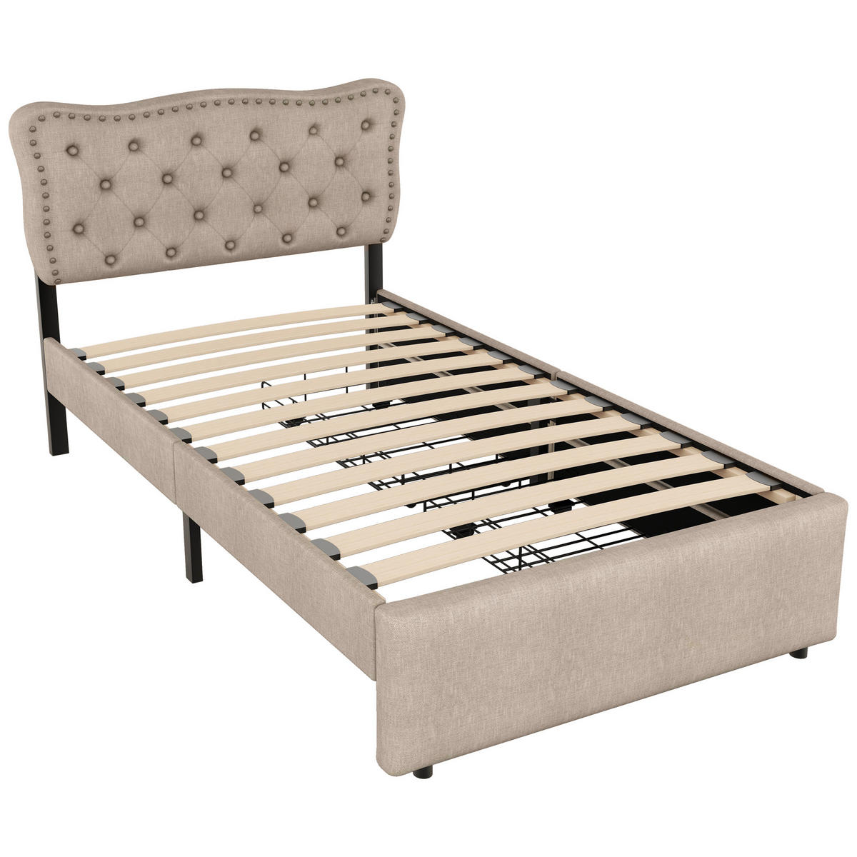 POLSTERBETT 90/200 cm dunkelbeige mit Schubladen und dekorativen Nieten - Beige, Textil (90/200cm) - OKWISH